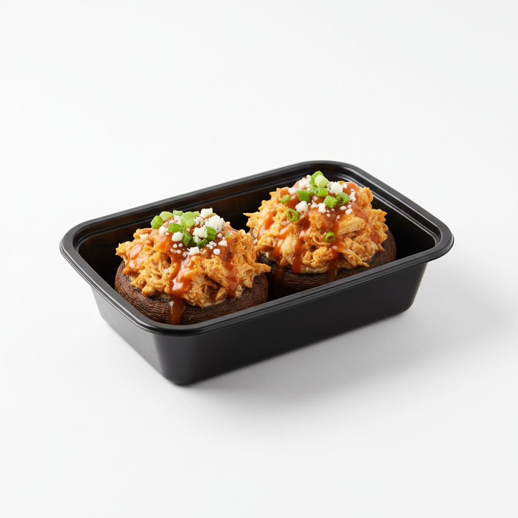 Buffalo Chicken Portobello in black meal prep container