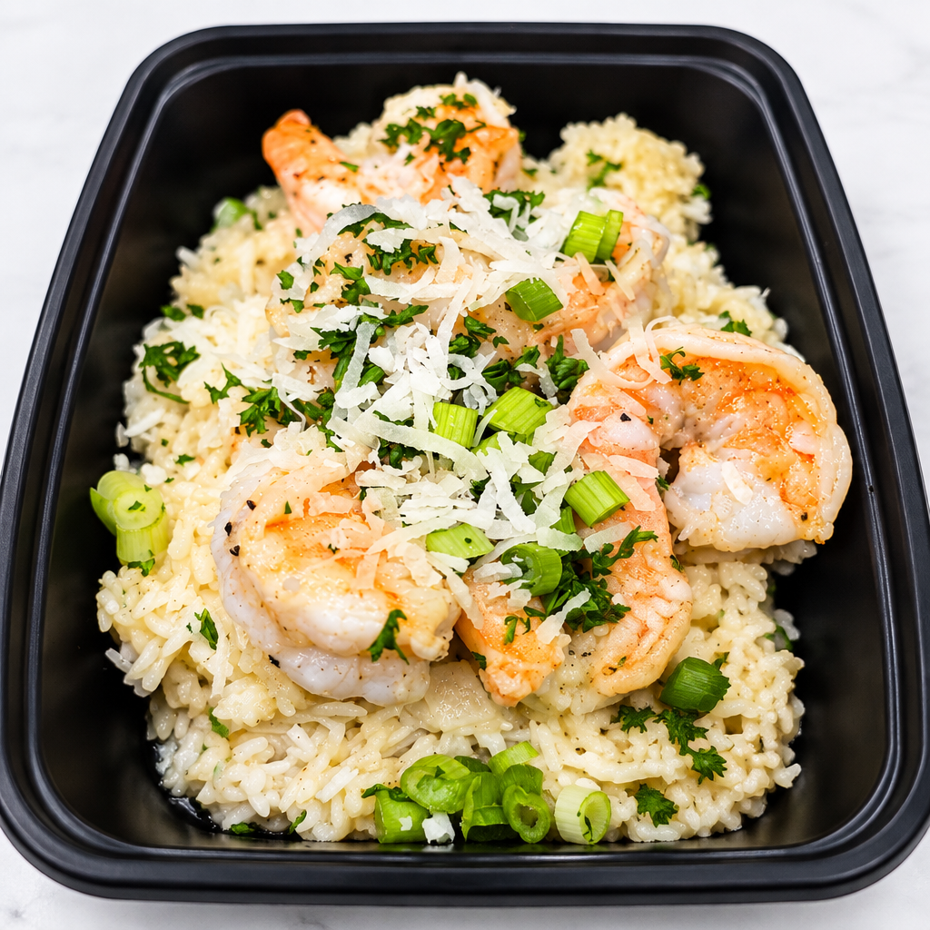 Cajun Lime Shrimp over Coconut Rice, brightened square crop without sticker