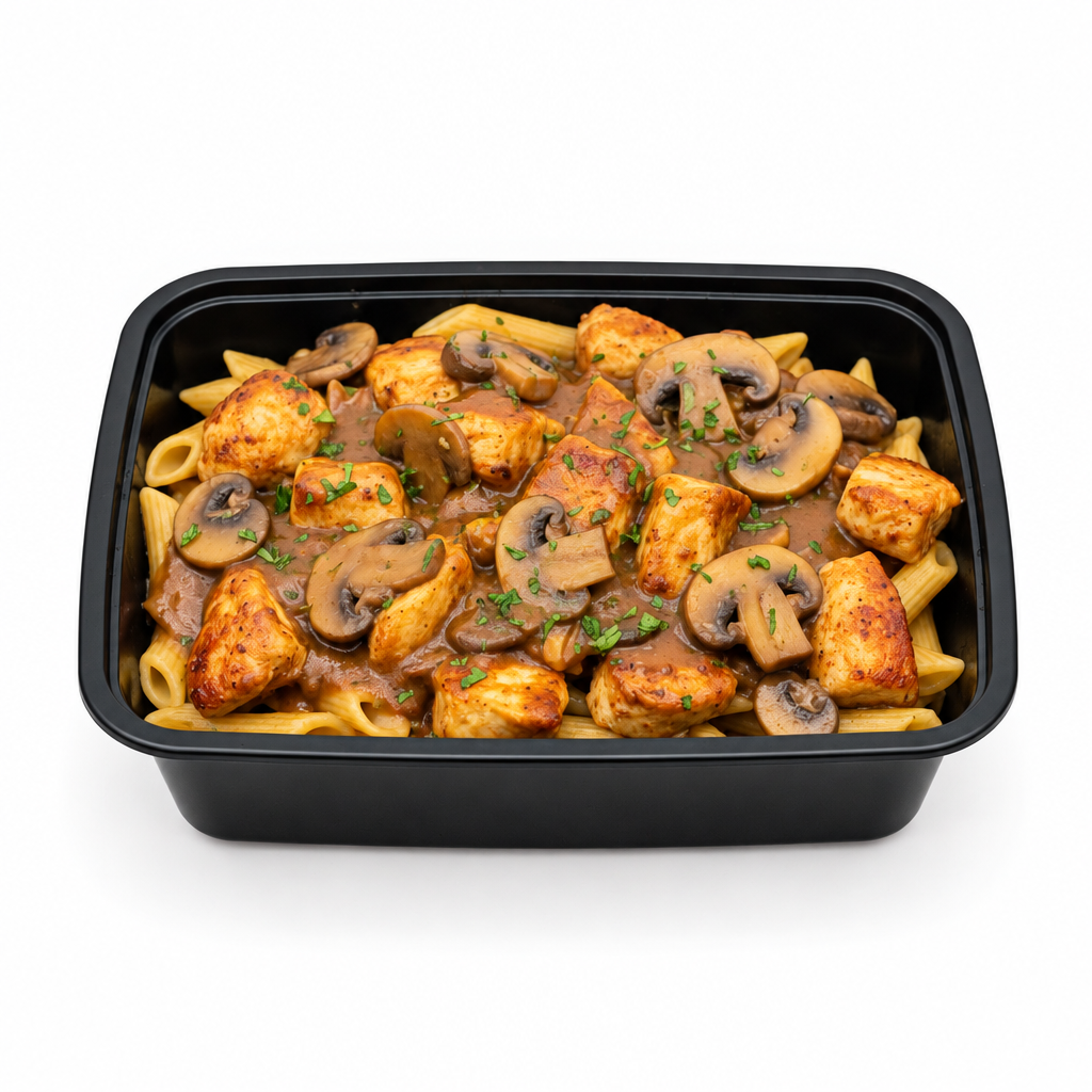 Chicken Marsala over Penne or Fusilli pasta, square crop