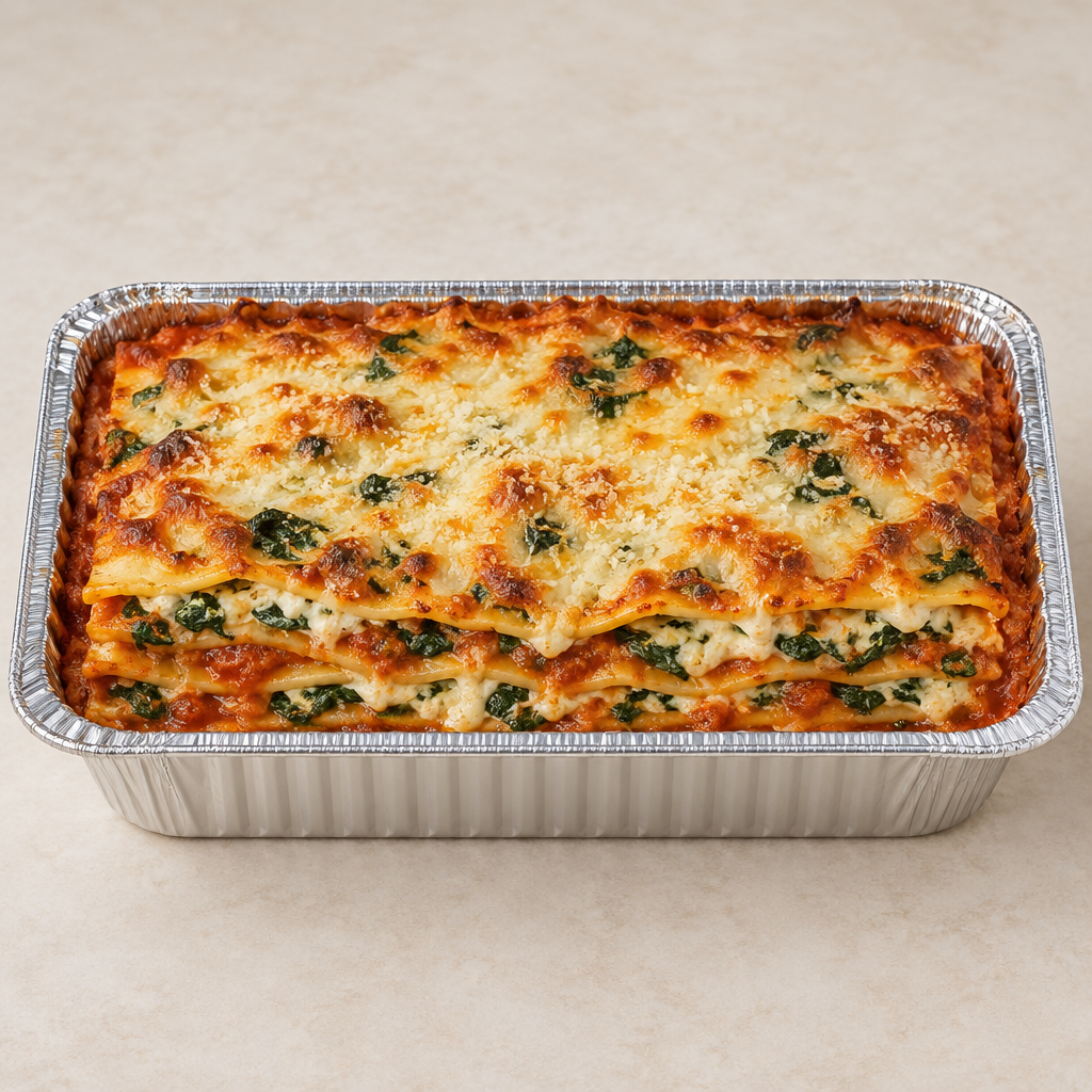 Baked spinach lasagna with melted cheese in a narrow 9-inch foil pan