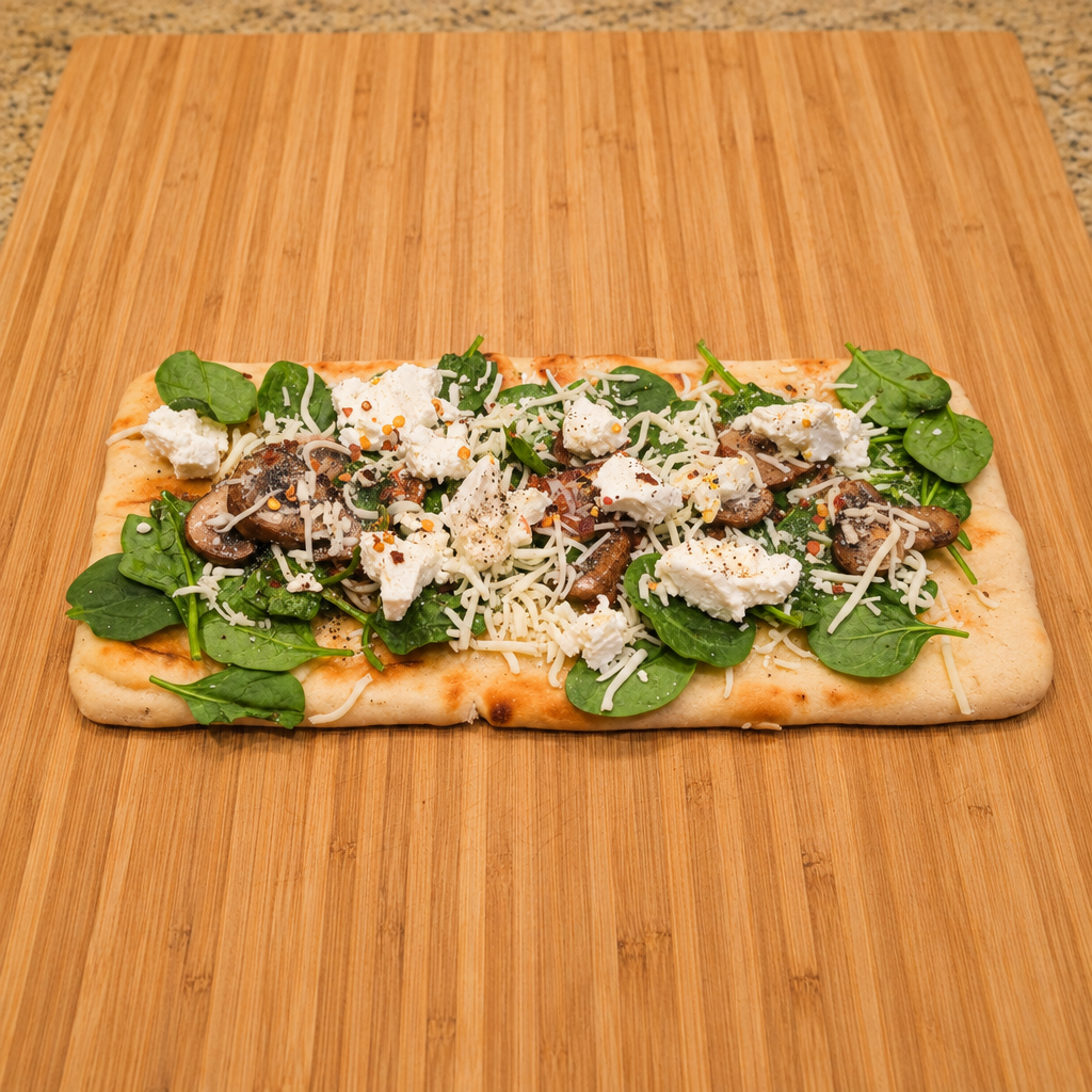 Naan Pizza (Spinach and Mushroom), square crop