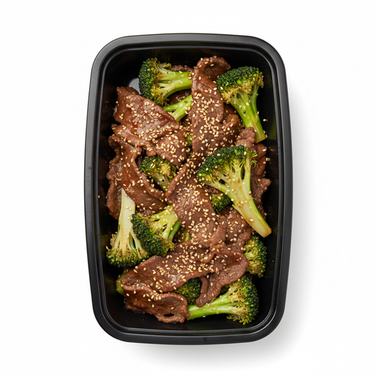 Beef and Broccoli Stir-fry in black meal prep container