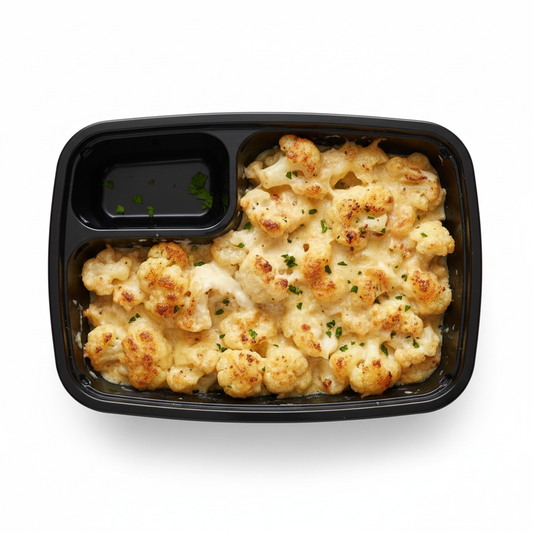 Cauliflower Mac and Cheese in Black Container