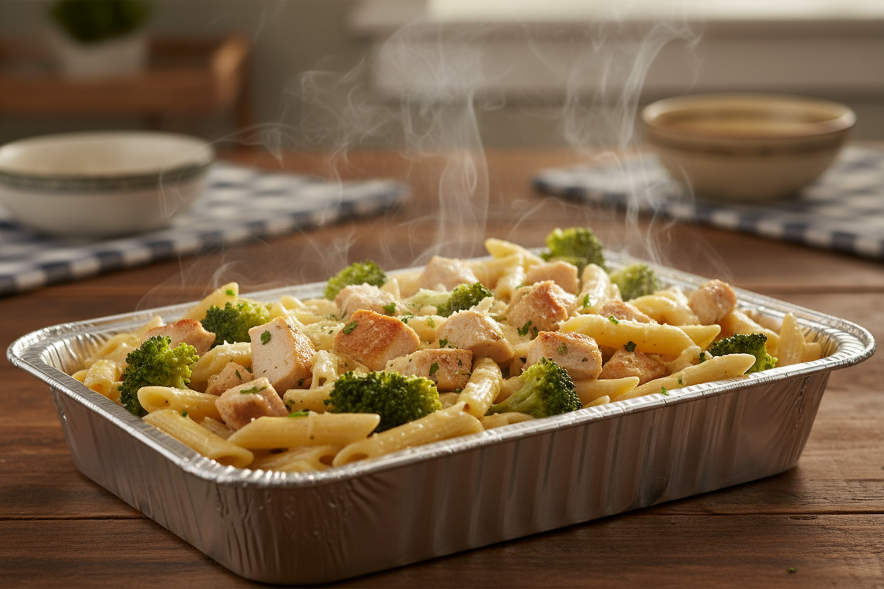 chicken broccoli and ziti in a 9 X 13 foil container with a little steam wafting out of the package. place it on a kitchen or dining room table 