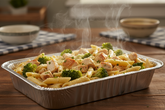 chicken broccoli and ziti in a 9 X 13 foil container with a little steam wafting out of the package. place it on a kitchen or dining room table 
