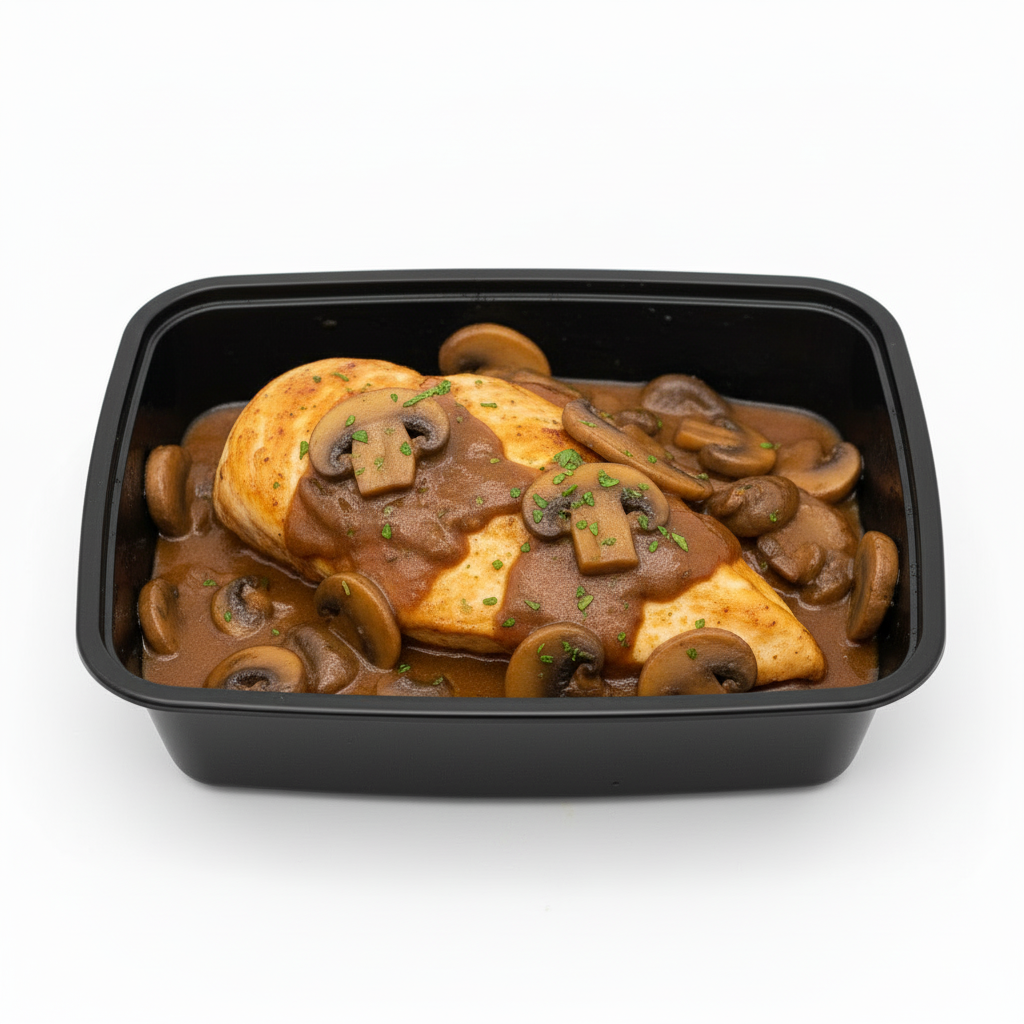 Chicken Marsala breast in black meal prep container