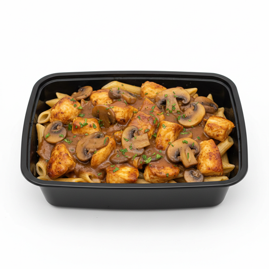 Chicken Marsala in black meal prep container