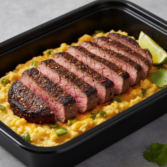 Chipotle Rubbed Flank Steak over Jalapeño Cheddar Masa