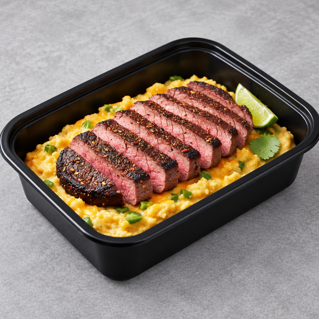 Chipotle Rubbed Flank Steak over Jalapeño Cheddar Masa, square crop