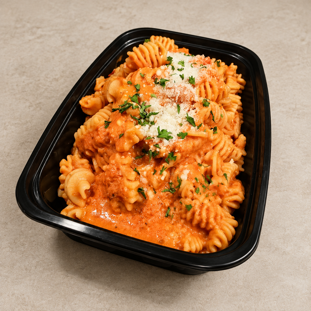 Clean square product photo of Radiatori Pasta with Brown Butter Arrabiata