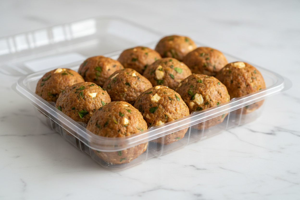 Dozen 3oz chicken meatballs with garlic and feta packed in clear sealed plastic container