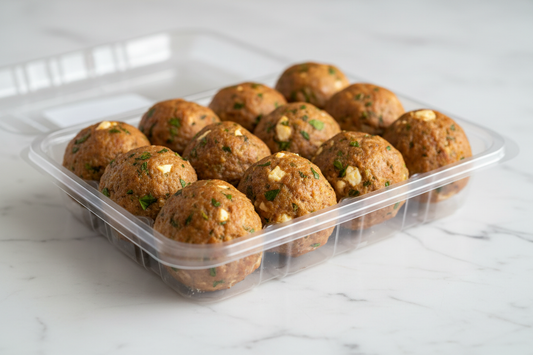 Dozen 3oz chicken meatballs with garlic and feta packed in clear sealed plastic container