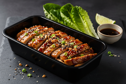 Asian Chicken Lettuce Wrap in a black meal prep container