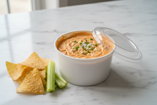 Creamy Buffalo Chicken Dip in a white 16 oz plastic tub with celery and chips