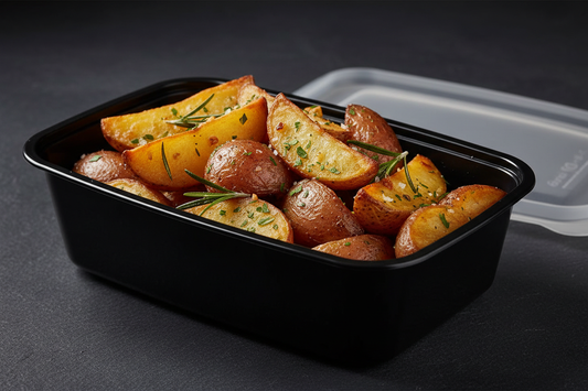 Roasted red potatoes in a black meal prep container, golden and herb-seasoned