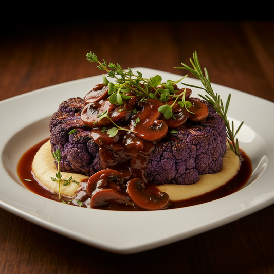 Purple Cauliflower steak over a buttery cauliflower puree