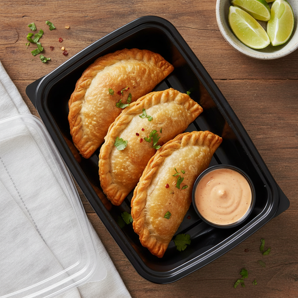 Three golden-brown chicken empanadas in a black meal prep container