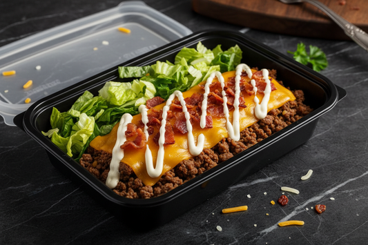 Bacon Cheddar Smash Bowl in a black meal prep container