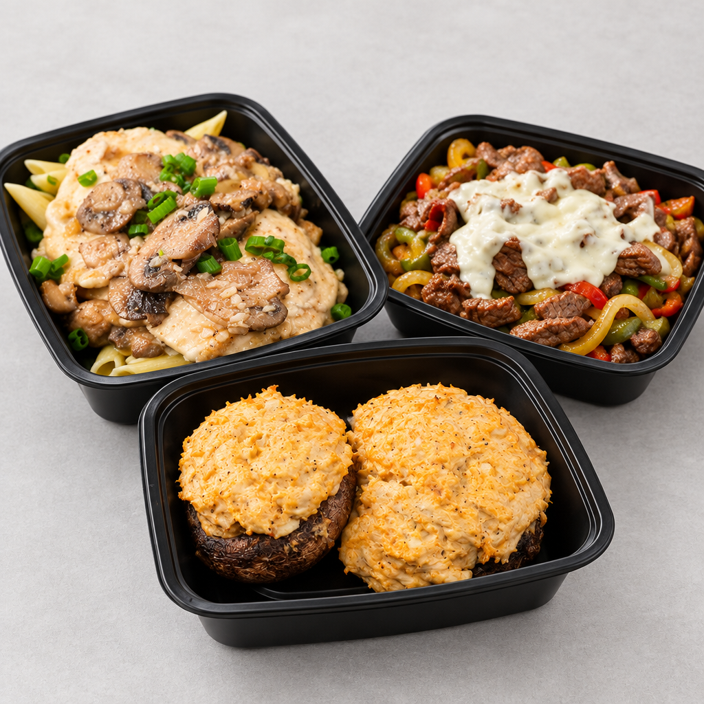 Chicken Marsala, Philly Cheese Steak Bowl, and Buffalo Chicken Stuffed Portobello Mushrooms arranged together in a square bundle photo