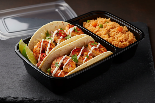 Grilled shrimp tacos in a black meal prep container with Spanish rice side