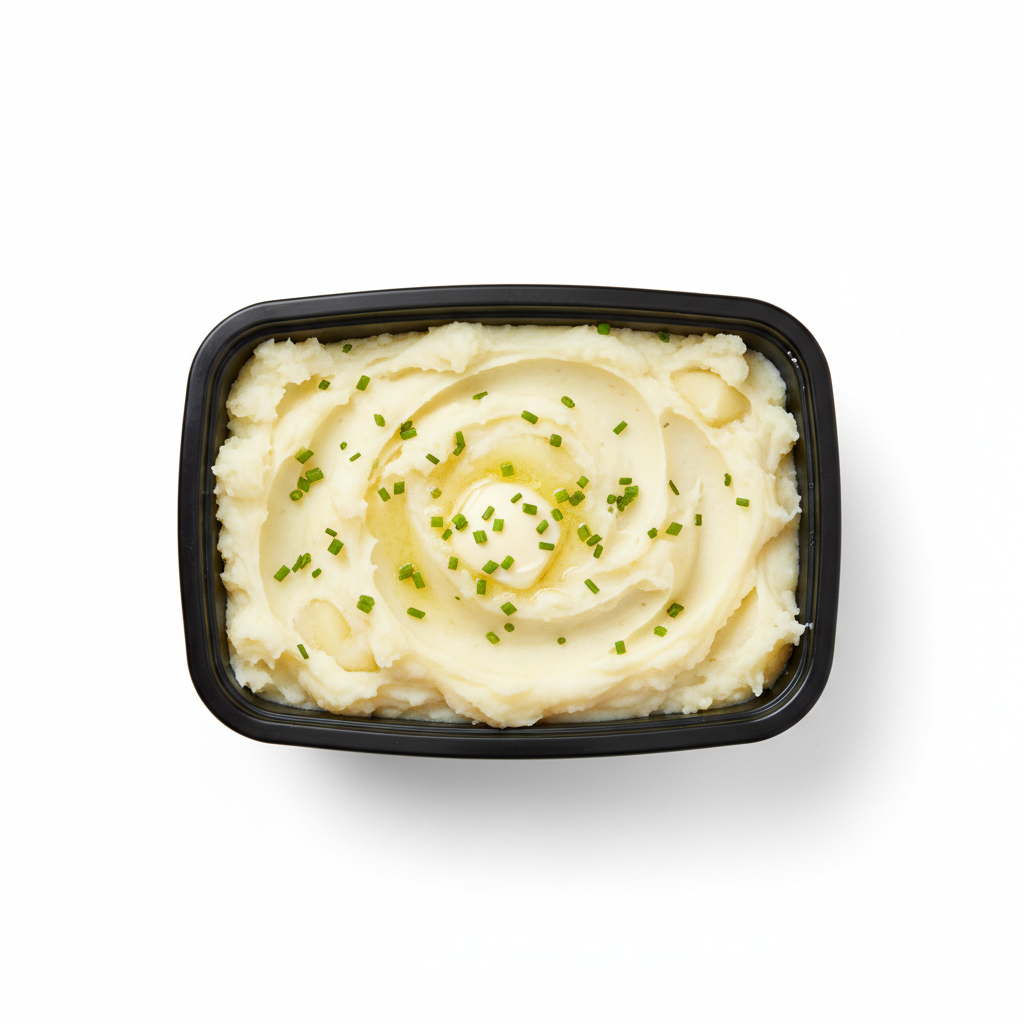 Mashed potatoes in black meal prep container