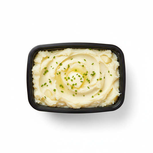 Mashed potatoes in black meal prep container