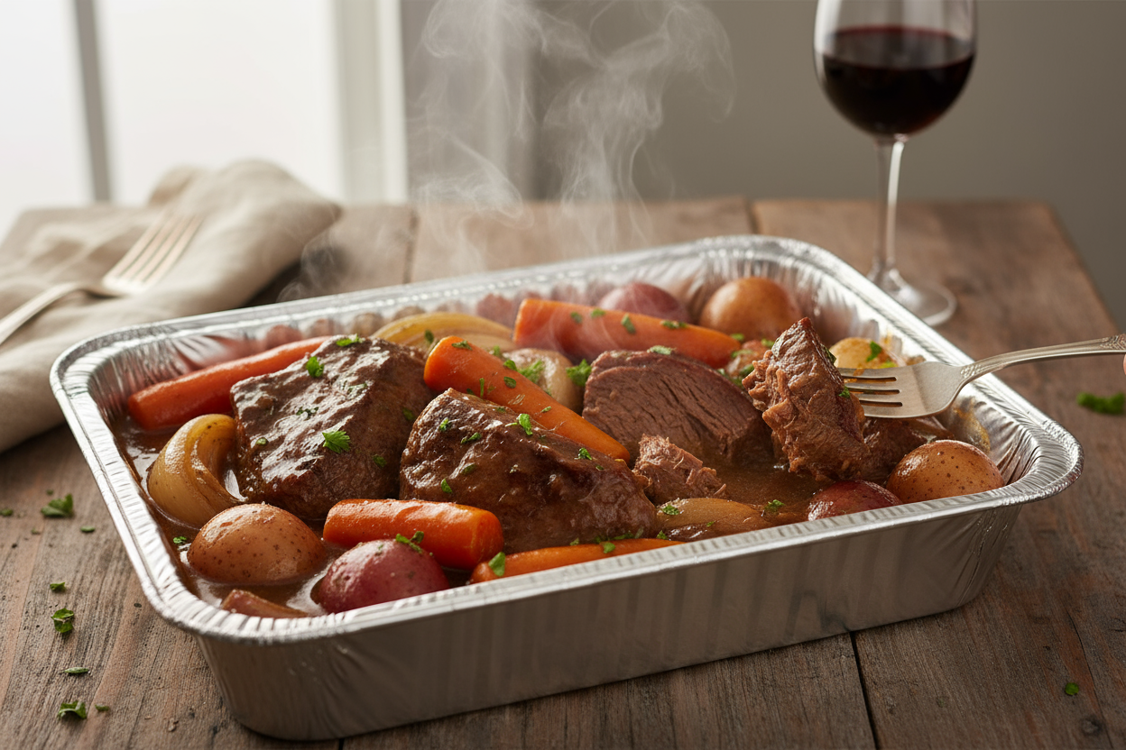 pot roast in a 9 X 13 inch foil takeout container resting on a table with a little steam wafting from the container 