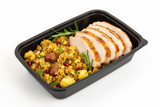 Roast Turkey Breast with Cauliflower Stuffing in Black Meal Prep Container