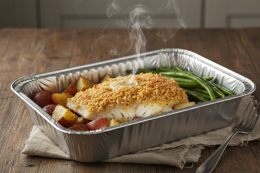 sillky baked haddock with a buttery crumb top, accompanied by roasted red potatoes and lightly sauteed green beans in a 9 X 13 foil container with a little steam wafting over the entree and it is placed on a kitchen table 