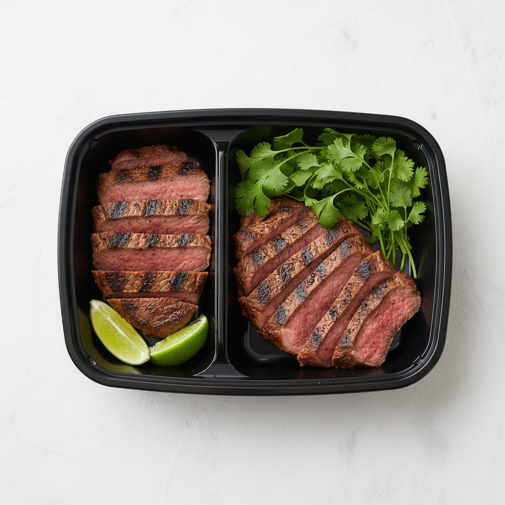 Sliced Steak in Single-Compartment Black Container