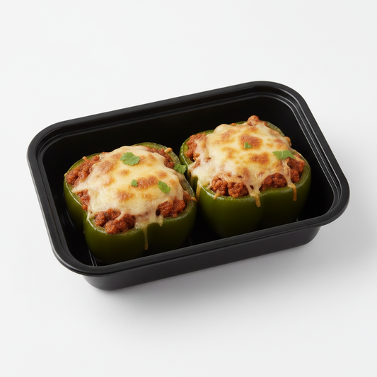 Two Turkey Chili Stuffed Peppers in Black Meal Prep Container